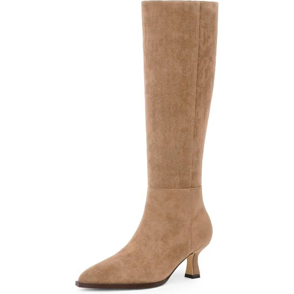 Women's Tan Suede Kitten Low Heel Toe Side Zipper Long Tall Knee High Boots